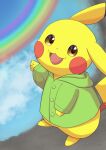  absurdres brown_eyes buttons coat creature green_coat highres hood hood_down hooded_coat long_sleeves mochizuki_reiji no_humans open_mouth pikachu pointing pokemon pokemon_(creature) polka_dot puddle rainbow raincoat solo yellow_fur 