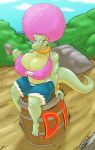  2023 afro anthro artist_name barrel big_breasts bottomwear bracelet breasts claws cleavage clothed clothing crocodile crocodilian crocodylid crop_top curvaceous curvy_figure cutoffs denim denim_clothing detailed_background digital_drawing_(artwork) digital_media_(artwork) donkey_kong_(series) ear_piercing ear_ring eyelashes eyeliner eyeshadow feet female fingers green_body green_scales hair hammer hi_res hourglass_figure huge_breasts jewelry kalypso kremling long_tail makeup midriff motion_lines multicolored_body multicolored_scales nintendo nipple_outline outside painted_claws piercing pink_claws pink_hair red_eyes reptile ring_piercing scales scalie shinysteel shirt shorts signature sitting skimpy small_waist smile snout solo tail thick_thighs toe_claws toes tools topwear two_tone_body two_tone_scales voluptuous wide_hips 