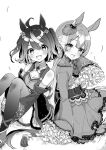  2girls :d animal_ears bare_shoulders breasts cleavage cleavage_cutout clothing_cutout commentary_request cropped_jacket detached_sleeves feet_out_of_frame greyscale hair_between_eyes horse_ears horse_girl horse_tail kitasan_black_(umamusume) koruri long_sleeves medium_breasts monochrome multicolored_hair multiple_girls satono_diamond_(umamusume) shirt simple_background skirt sleeves_past_fingers sleeves_past_wrists smile streaked_hair tail two-tone_hair two_side_up umamusume watermark web_address white_background 