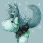  2b-ge animal_humanoid big_breasts blush bottomwear breasts canid canid_humanoid canine canine_humanoid clothing female grey_eyes grey_hair hair huge_breasts huge_thighs humanoid hyper hyper_breasts mammal mammal_humanoid one_eye_obstructed open_mouth shirt side_view simple_background skirt solo standing tail thick_thighs topwear unknown_character wolf_humanoid 
