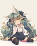  1girl aged_down animal_ear_fluff animal_ears black_ribbon black_skirt black_thighhighs blush closed_mouth commentary_request garter_straps green_eyes green_hair grey_background hair_between_eyes hair_ribbon kuromiya kuromiya_raika long_hair long_sleeves looking_at_viewer multicolored_hair orange_hair original panties ribbon shirt simple_background sitting skirt suspenders thighhighs twintails two-tone_hair underwear white_panties white_shirt 