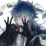  1boy black_gloves black_hoodie blue_hair blue_necktie blush collared_shirt dramatical_murder gloves green_background grey_background heart heart_hands highres hood hood_down hoodie long_hair looking_at_viewer male_focus multicolored_background necktie open_mouth orange_eyes seragaki_aoba shinome_(xm_nome) shirt smile solo teeth twitter_username white_shirt 