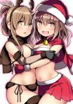  2girls absurdres antlers bell black_gloves blush breasts brown_eyes brown_hair brown_scarf capelet cleavage fangs folded_ponytail fringe_trim fur-trimmed_gloves fur-trimmed_skirt fur_trim gloves hair_between_eyes hair_ornament hairclip hat highres ikazuchi_(kancolle) inazuma_(kancolle) kantai_collection kuromayu long_hair looking_at_viewer medium_breasts multiple_girls navel open_mouth pleated_skirt pom_pom_(clothes) red_capelet red_gloves red_headwear red_skirt reindeer_antlers santa_costume santa_hat scarf short_hair sidelocks skirt smile 