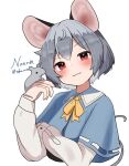  1girl :3 animal_ears blue_cape cape character_name grey_hair highres kashiwa_kona long_sleeves looking_at_viewer mouse mouse_ears mouse_girl nazrin red_eyes shirt smile solo touhou white_background white_shirt 