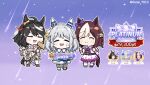  3girls ahoge animal_ears black_hair blush_stickers bodice bow braid brown_hair chibi closed_eyes commentary_request cropped_jacket ear_bow ear_covers french_braid gabeu_(miracle_t) grey_hair grey_pantyhose highres hishi_miracle_(umamusume) holding holding_mallet horse_ears horse_girl horse_tail japanese_clothes kine kitasan_black_(umamusume) light_brown_hair mallet medium_hair multicolored_hair multiple_girls neck_ribbon official_alternate_costume origami outline pantyhose paper_crane purple_bow purple_ribbon ribbon ribbon-trimmed_sleeves ribbon_trim shooting_star short_hair special_week_(umamusume) streaked_hair sweatdrop tail thighhighs translation_request twitter_username two-tone_hair umamusume v white_thighhighs wide_sleeves 