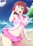  1girl absurdres beach bikini bikini_skirt blue_sky blush cloud cloudy_sky cowboy_shot day forest hair_ornament hairclip hanadera_nodoka healin&#039;_good_precure highres jacket looking_at_viewer mountain nature ocean on_kazu one_eye_closed open_mouth pink_bikini pink_eyes pink_jacket precure see-through see-through_jacket short_hair sky smile swimsuit 