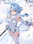  1girl ahoge bare_shoulders blue_hair boots breasts covered_navel detached_wings elbow_gloves gloves hair_between_eyes happy highres leotard light_blue_hair long_hair looking_at_viewer neptune_(series) outdoors power_symbol power_symbol-shaped_pupils red_eyes short_hair_with_long_locks sidelocks skin_tight small_breasts smile snow solo symbol-shaped_pupils thigh_boots thighhighs tobi_(mylifekei) turtleneck_leotard white_footwear white_gloves white_heart white_leotard wings 