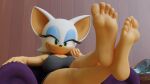  2023 3d_(artwork) 5_toes anthro bat digital_media_(artwork) eyelashes eyeshadow feet female fingers foot_focus grin half-closed_eyes hi_res humanoid_feet makeup mammal narrowed_eyes plantigrade rouge_the_bat sega smile soles solo sonic_the_hedgehog_(series) toes twintails3d 