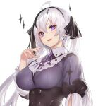  black_ribbon breasts brooch corset dress earrings hair_ribbon highres hiyashiru indie_virtual_youtuber jewelry kamikurai_leto large_breasts long_hair looking_at_viewer purple_dress purple_eyes ribbon simple_background smile underbust upper_body white_background white_hair 