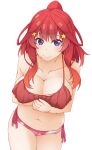  1girl bare_arms bikini blue_eyes blush breast_hold breast_lift breasts cleavage closed_mouth collarbone commentary_request cowboy_shot eyelashes frilled_bikini frills go-toubun_no_hanayome hair_between_eyes hair_ornament hinata_masaki large_breasts lips long_hair looking_at_viewer nakano_itsuki navel paid_reward_available ponytail red_bikini red_hair side-tie_bikini_bottom sidelocks simple_background smile solo standing star_(symbol) star_hair_ornament swimsuit wavy_hair white_background 