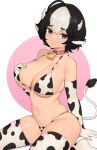  absurdres ahoge animal_ears animal_print bell bikini black_hair breasts cleavage closed_mouth collarbone covered_nipples cow_ears cow_girl cow_print cow_tail cowbell grey_eyes hand_on_own_chest highres horns large_breasts looking_at_viewer moursho neck_bell original short_eyebrows short_hair simple_background sitting skindentation strap_gap string_bikini swimsuit tail thighhighs wariza white_hair 