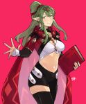  1girl alternate_costume asymmetrical_clothes asymmetrical_legwear black_pants black_thighhighs book breasts cape closed_mouth commentary english_commentary fire_emblem fire_emblem_awakening fire_emblem_engage green_eyes green_hair green_nails hair_between_eyes hair_ornament highres holding holding_book hood hood_down hooded_cape long_hair looking_at_viewer medium_breasts midriff mismatched_legwear navel pants pink_background pointy_ears ponytail red_cape sakuremi sidelocks signature simple_background single_pantsleg single_thighhigh smile solo stomach thighhighs tiki_(adult)_(fire_emblem) tiki_(fire_emblem) 