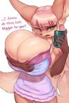  anthro big_breasts breast_expansion breasts brown_body brown_fur canid canine cleavage clothed clothing dialogue english_text expansion female fox fur hair hi_res holding_object holding_phone huge_breasts implied_breast_expansion long_hair loyse mammal mirror_selfie nightgown phone selfie simple_background solo standing text thefuckingdevil white_background white_hair yellow_eyes 