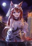  1girl absurdres animal_ears bandages bare_shoulders blue_eyes blurry blurry_background breasts brown_hair coffin commentary cowboy_shot ear_ornament full_moon hair_between_eyes highres horse_ears horse_girl in_container large_breasts long_hair make_up_in_halloween!_(umamusume) moon multicolored_hair official_alternate_costume open_mouth outdoors purple_nails smile solo streaked_hair super_creek_(chiffon_ribbon_mummy)_(umamusume) super_creek_(umamusume) umamusume very_long_hair white_hair yu_hydra 
