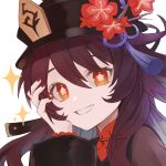  1girl bead_bracelet beads bisque black_headwear bracelet bright_pupils brown_coat brown_hair coat flower flower-shaped_pupils genshin_impact grin hair_between_eyes hand_on_own_face hat hat_flower hat_tassel highres hu_tao_(genshin_impact) jewelry long_hair long_sleeves looking_at_viewer mandarin_collar orange_eyes portrait simple_background smile solo symbol-shaped_pupils twintails white_background white_pupils 