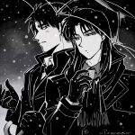  2boys artist_name bow bowtie closed_mouth coat collared_shirt commentary_request dated expressionless gloves greyscale highres ichijou_seiya kaiji long_hair long_sleeves looking_at_another male_focus medium_bangs monochrome multiple_boys murakami_tamotsu necktie scarf shared_umbrella shirt short_hair snowing transparent transparent_umbrella umbrella unknown03162 upper_body 