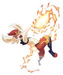  body_fur buck_teeth cinderace commentary eigaka fire full_body furry highres kicking multicolored_fur no_humans pokemon pokemon_(creature) red_eyes red_fur solo teeth white_fur 