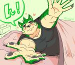  &lt;3 anthro bed bedding blanket blush canid canine canis clothing domestic_dog eyebrows fur furniture futon gnj97 green_body green_fur lifewonders live_a_hero male mammal mokdai overweight pawpads pecs pillow reaching_towards_viewer shirt solo t-shirt thick_eyebrows tissue_box topwear 