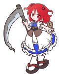  1girl black_footwear blue_dress closed_mouth coin dress full_body looking_at_viewer obi onozuka_komachi parody puyopuyo red_eyes red_hair sash shinmon_akika smile solo style_parody touhou two_side_up 