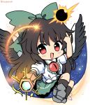  1girl arm_cannon bird_wings black_hair black_socks black_wings blush bow collared_shirt feathered_wings full_body green_bow green_skirt hair_bow long_hair looking_at_viewer open_mouth puffy_short_sleeves puffy_sleeves ramudia_(lamyun) red_eyes reiuji_utsuho shirt short_sleeves simple_background skirt smile socks solo third_eye touhou twitter_username weapon white_background white_shirt wings 