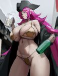  1girl alcohol bikini black_coat black_headwear bottle breasts coat commentary cup eu03 fate/grand_order fate_(series) francis_drake_(fate) gold_bikini green_eyes grin hat holding holding_bottle holding_cup huge_breasts long_hair looking_at_viewer mug navel off_shoulder open_clothes open_coat pink_hair pirate_hat scar scar_on_face smile solo string_bikini swimsuit symbol-only_commentary very_long_hair 