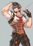  1boy absurdres ascot bara barawa black_hair black_pants cow_boy draph facial_hair goatee granblue_fantasy hat highres holding holding_smoking_pipe large_pectorals male_focus muscular muscular_male oneirio pants pectorals pointy_ears red_ascot shirt short_hair smile smoking_pipe solo teeth white_shirt 