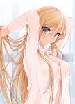  araragi_ayune arms_up blonde_hair blue_eyes blush braid breasts buttons commentary_request curtains embarrassed french_braid hair_bun hair_over_breasts hair_over_one_breast half_updo hand_in_own_hair highres large_breasts long_hair looking_at_viewer naked_shirt open_clothes open_shirt original rinna_milford shirt straight_hair wavy_mouth window 