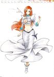  bleach bleach:_the_thousand-year_blood_war breasts brown_eyes full_body hair_ornament hairpin highres inoue_orihime long_sleeves looking_at_viewer midriff navel rodrigo_yoshimiya shirt skirt white_footwear white_shirt white_skirt 