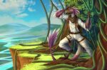  anthro backpack claws clothed clothing cloud compass costume digital_media_(artwork) dinosaur discovery dromaeosaurid feathers forest happy hi_res hiking jungle machete male melee_weapon mountain paws plant reptile river scalie sky smile solo sunny_way theropod traveler tree wallpaper weapon 