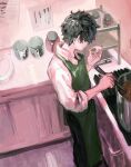  1boy amamiya_ren apron black-framed_eyewear black_hair black_pants cooking cooking_pot from_above glasses green_apron holding indoors jar kitchen male_focus pants persona persona_5 plate shirt solo standing tasting_plate white_shirt wl8tca 