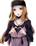  1girl blonde_hair brown_hair headband heart heart_hands highres jewelry long_hair looking_at_viewer mifune_chihaya necklace persona persona_5 pertex_777 purple_eyes simple_background solo upper_body white_background 