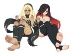  2girls absurdres aqua_eyes armpit_crease artist_logo barefoot black_hair black_pantyhose black_scarf black_shorts blonde_hair blush breasts cleavage clothing_cutout collarbone crossed_legs crow_(gravity_daze) dark-skinned_female dark_skin english_commentary eyelashes feet foot_focus forehead foreshortening gold_trim gravity_daze hair_over_one_eye hairband highres kitten_(gravity_daze) knees_up leg_warmers legs lululewd medium_breasts multicolored_hair multiple_girls navel_cutout open_mouth pantyhose parted_bangs red_eyes red_hair scarf shadow shirt shorts sidelocks simple_background sitting smile soles stirrup_legwear strapless strapless_shirt teeth thigh_cutout thighs toeless_legwear toenails toes two-tone_hair upper_teeth_only vambraces white_background 