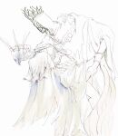  2boys absurdres armor bracelet crown dark_souls_(series) dark_souls_i dark_souls_iii dark_sun_gwyndolin dress facing_another feet_out_of_frame frills from_side highres holding_another&#039;s_leg jewelry long_sleeves male_focus multiple_boys pontiff_sulyvahn short_hair spiked_helmet torn_clothes torn_dress zunkome 