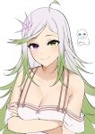 1girl ahoge arms_under_breasts artist_name bare_shoulders breasts cleavage collarbone commentary crossed_arms english_commentary flower gradient_hair green_eyes green_hair grey_hair hair_flower hair_ornament heterochromia large_breasts long_hair looking_at_viewer messy_hair multicolored_hair original pink_eyes sasoura simple_background smile solo swept_bangs upper_body white_background 