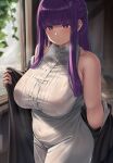  1girl blunt_bangs blush breasts closed_mouth commentary dress fern_(sousou_no_frieren) highres large_breasts long_hair moisture_(chichi) purple_eyes purple_hair sidelocks sleeveless solo sousou_no_frieren straight_hair sweat wet wet_clothes white_dress 