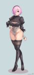  1girl 2b_(nier:automata) 2b_(nier:automata)_(cosplay) absurdres black_footwear black_hairband black_leotard boots breasts cleavage cleavage_cutout closed_mouth clothing_cutout commentary_request cosplay covered_navel dated fate/grand_order fate_(series) feather-trimmed_sleeves fingernails full_body grey_background groin guriguri_(arayotto4351) hair_over_one_eye hairband hand_on_own_hip high_heel_boots high_heels highleg highleg_leotard highres huge_breasts leather leather_boots leotard lips long_sleeves looking_at_viewer mash_kyrielight medium_hair nier:automata nier_(series) pink_hair purple_eyes raised_eyebrows serious signature simple_background solo standing thick_thighs thigh_boots thighs vambraces white_leotard 
