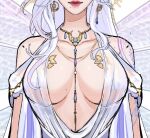  1girl bare_shoulders breast_focus breasts commentary english_commentary indie_virtual_youtuber jewelry large_breasts long_hair mole mole_on_breast mole_under_mouth necklace red_lips second-party_source solo thearchfae ultracat virtual_youtuber white_hair 