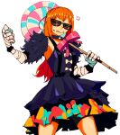  1girl 3amsoda absurdres aqua_eyeshadow bandaged_hand bandages bare_shoulders black_dress bow candy clenched_teeth dress eyeliner eyeshadow facial_mark fire_emblem fire_emblem_engage food fur_sleeves highres holding holding_candy holding_food holding_lollipop lollipop makeup orange_hair panette_(fire_emblem) short_bangs solo stitched_mouth stitches teeth white_bow yellow_eyes 