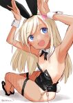  1girl animal_ears black_bow black_bowtie black_leotard blonde_hair blue_eyes bow bowtie detached_collar fishnets highres kantai_collection leotard long_hair looking_back one-hour_drawing_challenge one-piece_tan open_mouth playboy_bunny rabbit_ears rabbit_pose rabbit_tail ro-500_(kancolle) simple_background sitting smile solo strapless strapless_leotard tail tan tanlines tetsukuzu_(yajirushi_shita) thighhighs white_background wrist_cuffs 