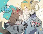  2girls ? aged_down aged_up angelina_(arknights) animal_ears aqua_background arknights blonde_hair blush braid breasts brown_hair fox_ears fox_tail gloves green_eyes height_difference highres jacket looking_at_another medium_breasts multiple_girls red_eyes suzuran_(arknights) tail upper_body wanwan_huo_de_hao_beishang white_jacket 