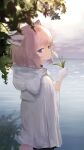  1girl animal_ears animal_hood arknights black_choker choker closed_mouth coat commentary_request eufi_(eufyhouse) flower fox_ears fox_girl fox_tail from_behind gloves highres holding holding_flower hood hood_down hooded_coat lily_of_the_valley looking_at_viewer looking_back outdoors pink_hair purple_eyes short_hair solo sussurro_(arknights) tail upper_body white_coat white_gloves 