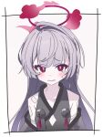  1girl bare_shoulders bell blue_archive blush character_request clothing_cutout collarbone detached_sleeves flat_chest grey_hair grey_sleeves halo hanozuku long_hair looking_at_viewer open_mouth red_halo solo tears upper_body 