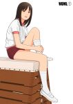  1girl azumanga_daioh brown_eyes brown_hair buruma character_name commentary_request expressionless from_side full_body guest_art gym_shirt gym_uniform hand_on_own_ankle hugging_own_legs kasuga_ayumu knee_up kneehighs lips looking_at_viewer looking_to_the_side medium_hair nose parted_lips pink_shirt realistic red_buruma second-party_source shinchou_ni_kansuru_kousatsu shirt shoes short_sleeves simple_background sitting socks solo t-shirt textless_version title two-tone_shirt uwabaki vaulting_horse white_background white_footwear white_shirt white_socks 