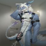  1:1 absurd_res anthro awaldkize black_harness blue_body blue_fur blue_horn bodily_fluids cum cumshot dragon egg_vibrator ejaculation erection eyes_closed fur furred_dragon genital_fluids genitals hair harness hi_res holding_object holding_towel horn humanoid_genitalia humanoid_penis male markings open_mouth penile penis portrait purple_markings red_penis sex_toy solo standing tail tail_tuft three-quarter_portrait towel tuft vibrator vibrator_on_penis white_body white_fur white_hair 