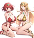  1girl alternate_costume bikini blonde_hair blush breasts chest_jewel cleavage closed_mouth collarbone commentary cowboy_shot drop_earrings earrings gold_bikini gonzarez highres holding_own_arm jewelry large_breasts long_hair looking_at_viewer midriff mythra_(xenoblade) navel pyra_(xenoblade) red_bikini red_eyes red_footwear red_hair short_hair simple_background sitting smile solo swept_bangs swimsuit tiara very_long_hair wariza white_background xenoblade_chronicles_(series) xenoblade_chronicles_2 xenoblade_chronicles_x yellow_eyes 