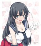  1girl agano_(kancolle) black_eyes black_hair black_necktie black_sailor_collar breasts cleavage gakky gloves kantai_collection large_breasts leaning_forward long_hair looking_at_viewer midriff necktie one-hour_drawing_challenge open_mouth pleated_skirt red_skirt round_teeth sailor_collar school_uniform serafuku shirt skirt sleeveless sleeveless_shirt solo teeth upper_teeth_only v white_gloves white_shirt 