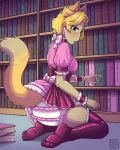  absurd_res anthro blonde_hair bottomwear clothed clothing diaper female fur glistening glistening_eyes green_eyes hair hi_res infantilism inside kneeling legwear library looking_at_viewer open_mouth pink_bottomwear pink_clothing pink_skirt purple_clothing purple_legwear riddlr skirt solo tail tan_body tan_fur wearing_diaper white_diaper yellow_body yellow_fur yellow_tail 