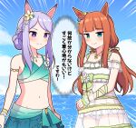  2girls alternate_costume alternate_hairstyle animal_ears blue_eyes breasts closed_mouth cloud collarbone flower hair_flower hair_ornament highres horse_ears horse_girl horse_tail jewelry long_hair looking_at_another mejiro_mcqueen_(ripple_fairlady)_(umamusume) mejiro_mcqueen_(umamusume) multiple_girls navel necklace ocean orange_hair purple_eyes purple_hair silence_suzuka_(emerald_on_the_waves)_(umamusume) silence_suzuka_(umamusume) sky small_breasts smile swimsuit tail takiki translated typo umamusume 