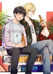  2boys ash_lynx banana_fish bishounen black_pants blonde_hair blush bottle brown_eyes brown_hair couple crossed_legs denim feet_out_of_frame green_eyes green_shirt hawaiian_shirt highres holding holding_bottle jacket jeans jewelry looking_at_another male_focus multiple_boys necklace okumura_eiji open_clothes open_jacket open_mouth pants plant print_shirt see-through see-through_jacket shirt short_hair side-by-side sitting sitting_on_stairs stairs tipsy unworn_eyewear vidave1 white_shirt yaoi 