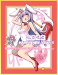  2023 2girls absurdres animal_ears asymmetrical_legwear bare_arms bare_legs bare_shoulders bow bowtie breasts chinese_zodiac cleavage covered_navel detached_collar erina_(rabi-ribi) fairy fairy_wings fishnet_thighhighs fishnets full_body hammer happy_new_year high_heels highres holding holding_hammer kkpnex leotard long_hair medium_breasts midriff mini_person minigirl multiple_girls navel piko_piko_hammer pink_eyes pink_hair playboy_bunny purple_eyes purple_hair rabbit_ears rabi-ribi red_bow red_bowtie red_footwear ribbon_(rabi-ribi) single_thighhigh strapless strapless_leotard thighhighs twintails very_long_hair white_leotard white_wrist_cuffs wings wrist_cuffs 